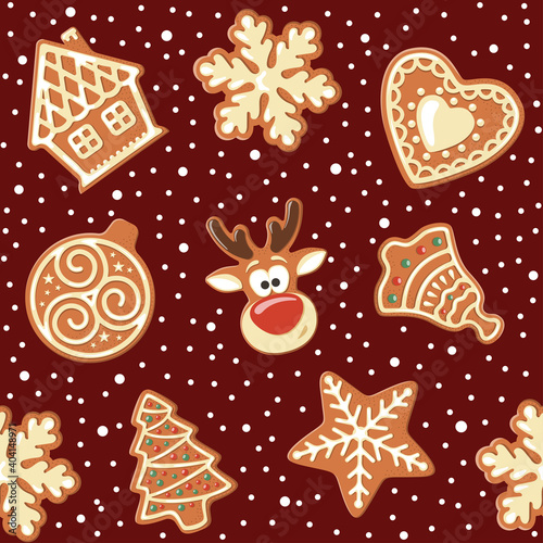Seamless pattern with different gingerbread cookies. Vector illustration.