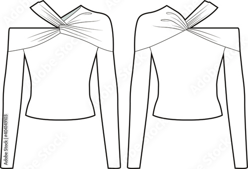 Asymmetric Twisted Jersey Bodysuit. Fashion vector sketch.