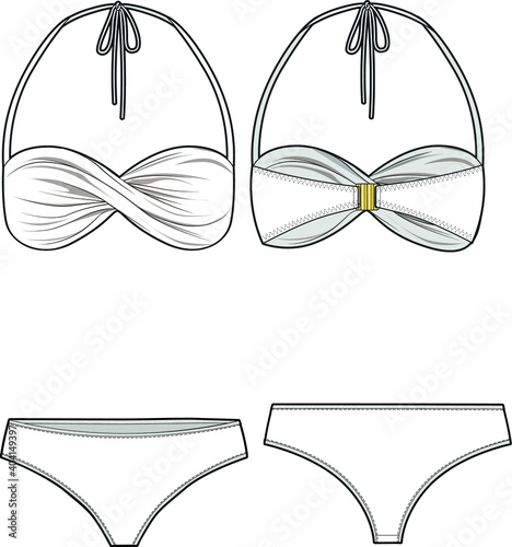 Bikini Top, High-Rise Bikini Bottom. Fashion vector sketch