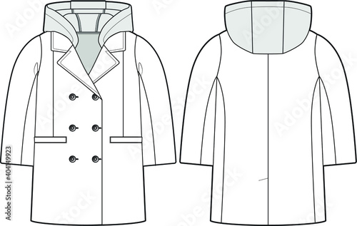 Peacoat with detachable hood. Kids wear. Fashion vector sketch