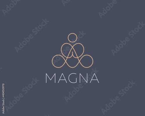 Abstract yoga human linear logo. Thread relax meditation balance logotype. Premium spa yoga studio icon vector illustration.