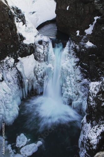 Panorama of frozen Kolufossar waterfall Kolugljufur canyon gorge in winter snow nature landscape Northern Iceland Europe photo