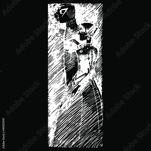 Two fantastic character. Man and woman in vintage Victorian clothes. Hand drawn rough sketch. Black and white silhouette. Weird couple.	