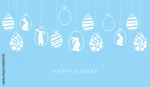 Happy Easter. Easter card with hanging garland with easter eggs and rabbit. Vector illustration.