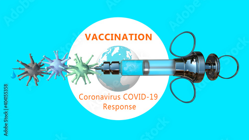 Obraz na płótnie Vaccine concept. Coronavirus particles impale by a medical needle