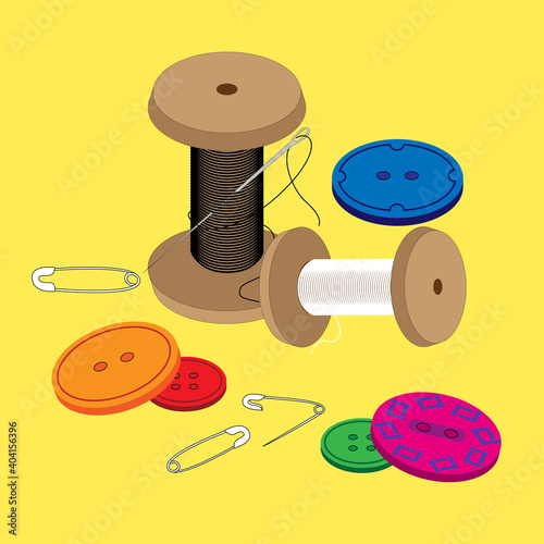 Black and white skein of thread with needle, buttons and pins. Needlework and handmade themes for ads and booklets. Colorful vector illustration