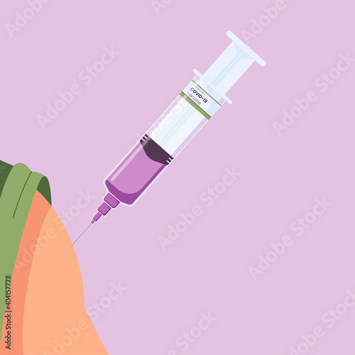 giving the corona virus vaccine through a syringe, which is inserted into someone's arm. purple background vector illustration