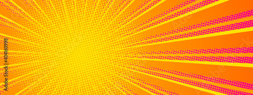 Comic style horizontal banner with radial beams for product presentation. Bright orange reds and yellows. Vector clipart