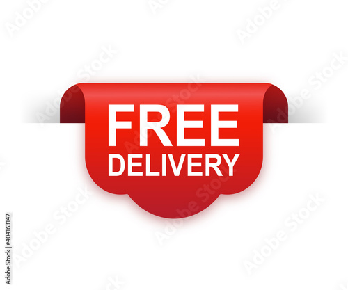 Free delivery red ribbon isolated on white background. Red label, banner for any purposes. Vector illustration.