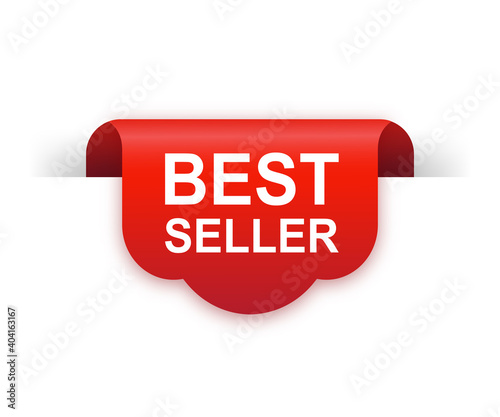 Best seller red ribbon isolated on white background. Red label, banner for any purposes. Vector illustration.