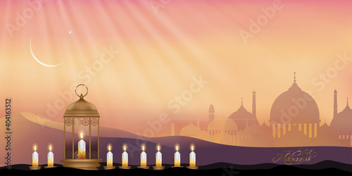 Ramadan Kareem banner or invitations card with 3d Lantern light background for Saudi Arabia and muslim people,Vector greeting card Eid Mubarak islamic calligraphy design with crescent moon and mosque