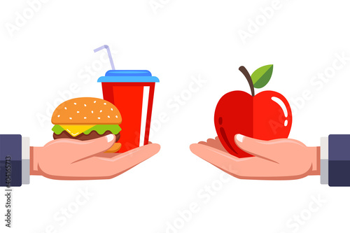 you need to decide either fast food or healthy food. food on the human dodona. flat vector illustration.