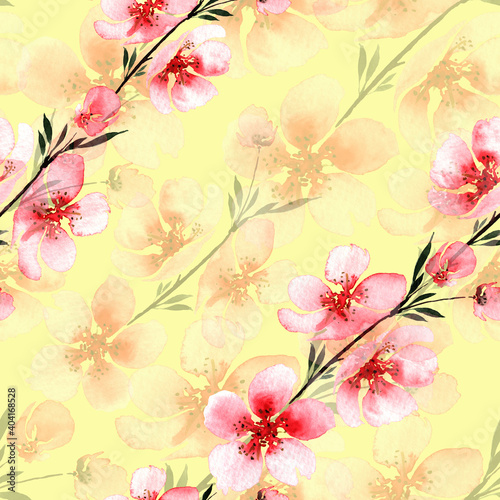 seamless pattern of branches with Japanese sakura flowers on a yellow background