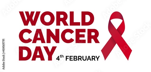 World cancer awareness ribbon background. February is month of cancer awareness in the world. World cancer day. Red ribbon. Vector illustration