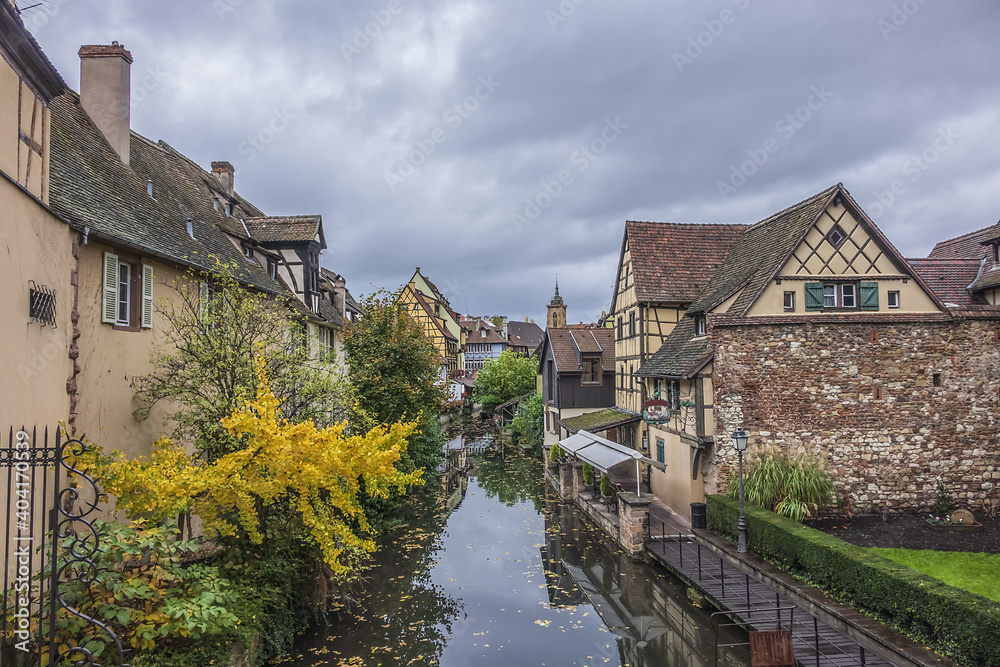 Petite Venice - water canal and traditional half-timbered houses in Colmar old town. Colmar is a charming town in Alsace, France.
