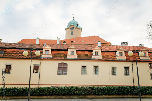 Podebrady Castle at River Labe, view from inner courtyard side, clock tower, historical spa town, Podebrady, Central Bohemia, Czech Republic