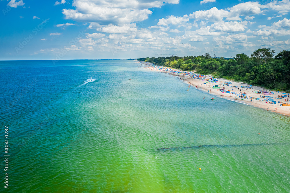 Turquoise water and beach on Baltic Sea, aerial view
