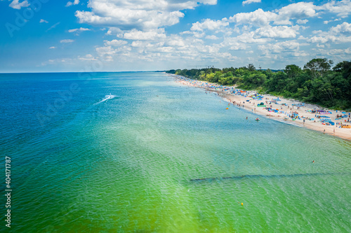 Turquoise water and beach on Baltic Sea, aerial view