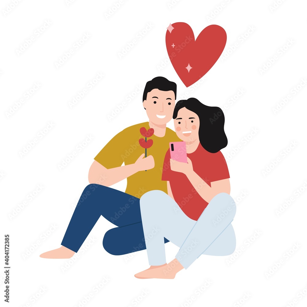 happy couple take a selfie together cartoon illustration happy couple take a selfie together cartoon illustration