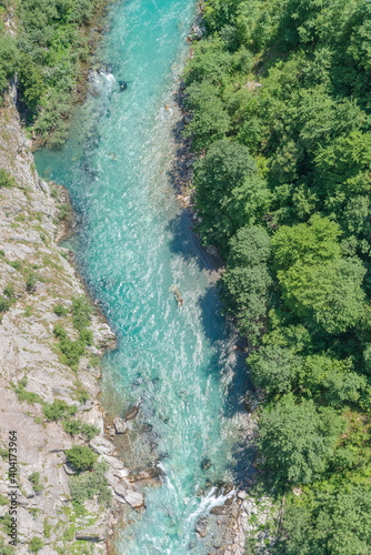 Top aerial view of Tara river and rocky canyon slopes