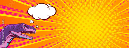 Horizontal banner for product presentation in pop art style and customer reaction. Comic illustration with a talking dinosaur head. Vector clipart