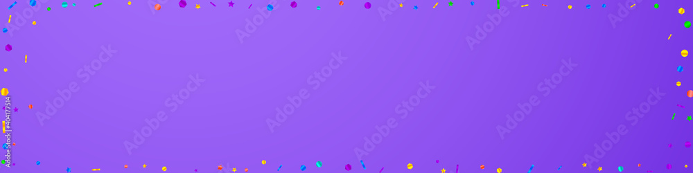 Festive surprising confetti. Celebration stars. Festive confetti on violet background. Alive festive overlay template. Panoramic vector background.