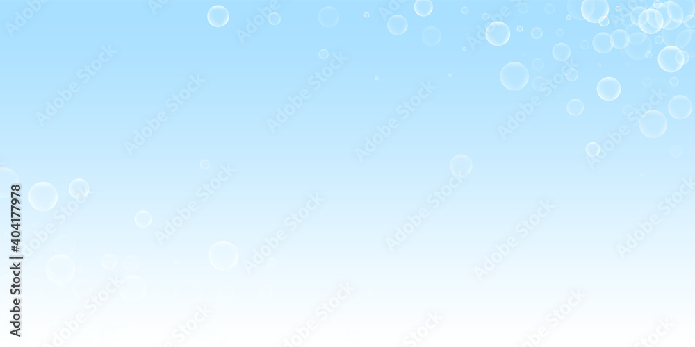 Random soap bubbles abstract background. Blowing bubbles on winter sky background. Breathtaking soapy foam overlay template. Brilliant vector illustration.