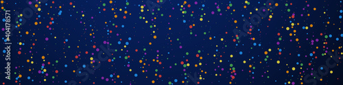 Festive powerful confetti. Celebration stars. Colorful confetti on dark blue background. Admirable festive overlay template. Panoramic vector background.