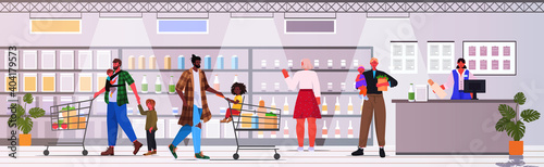mix race fathers and children buying groceries in supermarket fatherhood parenting shopping concept grocery shop interior full length horizontal vector illustration