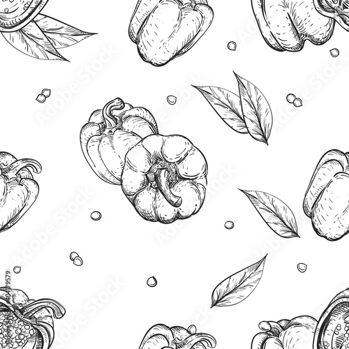 Bell pepper seamless pattern on white background. Yellow, green and red paprika, slices. Vector illustration of vegetables in cartoon simple flat style
