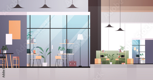 empty coworking center modern office room interior creative open space with furniture horizontal vector illustration