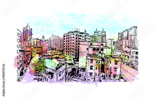 Building view with landmark of Dar es Salaam
City in Tanzania. Watercolour splash with hand drawn sketch illustration in vector.