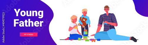 young father playing with little children at home fatherhood parenting concept dad spending time with his kids horizontal full length copy space vector illustration