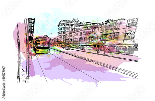 Building view with landmark of Dar es Salaam
City in Tanzania. Watercolour splash with hand drawn sketch illustration in vector.