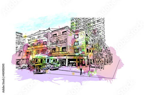 Building view with landmark of Dar es Salaam
City in Tanzania. Watercolour splash with hand drawn sketch illustration in vector.