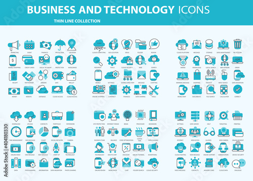 Business and marketing, programming, data management, internet connection, social network, computing, information. Thin line blue icons set. Flat vector illustration 