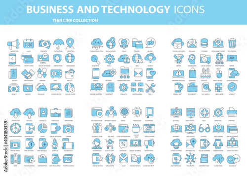Business and marketing, programming, data management, internet connection, social network, computing, information. Thin line blue icons set. Flat vector illustration 