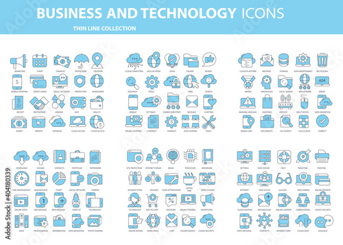 Business and marketing, programming, data management, internet connection, social network, computing, information. Thin line blue icons set. Flat vector illustration	
