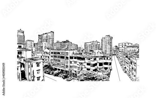 Building view with landmark of Dar es Salaam
City in Tanzania. Hand drawn sketch illustration in vector.