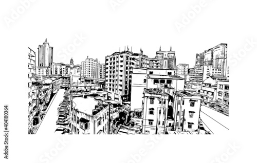 Building view with landmark of Dar es Salaam
City in Tanzania. Hand drawn sketch illustration in vector.