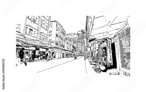 Building view with landmark of Dar es Salaam
City in Tanzania. Hand drawn sketch illustration in vector.