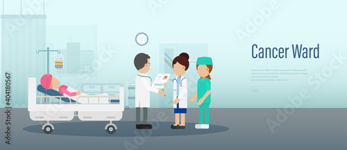 Cancer ward banner with patient and medical staff flat design vector illustration