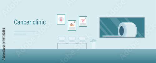 Cancer clinic banner with ct scan machine flat design vector illustration