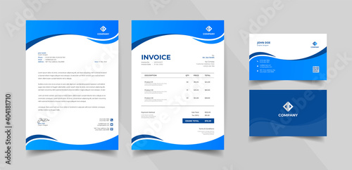 Corporate Stationery Pack With Blue And Black Color. Unique Shapes & Vector Template. Editable Business Card Letterhead And Invoice Design 