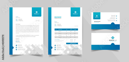 Corporate Stationery Pack With Blue Color. Unique Shapes & Vector Template. Editable Business Card Letterhead And Invoice Design 