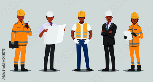 African architect and technician and builders and engineers and  mechanics People teamwork ,Vector illustration cartoon character.