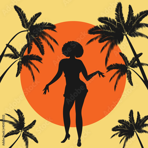 Silhouette of Caribbean, Latin or African American woman dancing salsa, bachata, merengue, cha-cha, mambo or another dance. vector illustration