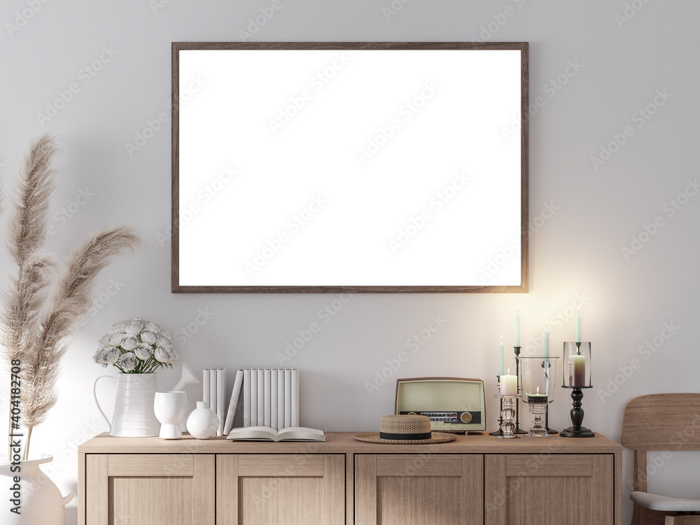 Fototapeta Vintage style blank picture frame 3d render,There are white wall decorate with wooden cabinet and retro object.