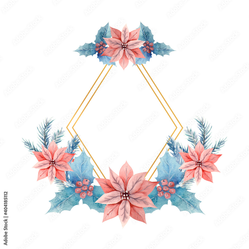 Obraz premium Winter watercolor in a diamond-shaped frame with holly, berries and Poinsettia flowers. Hand-drawn illustration. For invitations, greeting cards, prints, posters, advertising