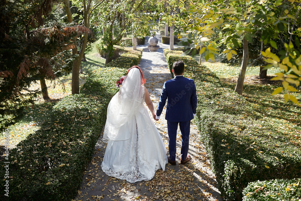 back view of bride and groom standing on a staircase , in the background you can see a beautiful garden back view of bride and groom standing on a staircase , in the background you can see a beautiful garden